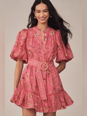 FARM Rio Pink Floral Puff-Sleeve Belted Mini Dress